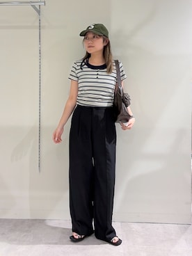 「FREE'S MART（フリーズマート）の◆インナーレイヤードボーダーヘンリーネックＴシャツ（Tシャツ/カットソー、ホワイト系）」を使った、kurumi_.mfmさん（レディース・158cm）の夏コーディネート