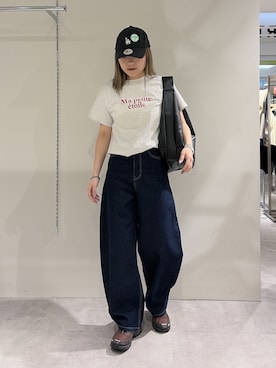 「FREE'S MART（フリーズマート）の◇【3サイズ展開XS-M】デニムエッグパンツ【低身長サイズ有】（デニムパンツ、ブルー系）」を使った、kurumi_.mfmさん（レディース・158cm）の春コーディネート