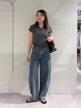 「FREE'S MART（フリーズマート）の◇【3サイズ展開XS-M】デニムエッグパンツ【低身長サイズ有】（デニムパンツ、ブルー系）」を使った、kurumi_.mfmさん（レディース・158cm）の夏コーディネート