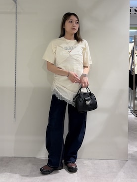 「FREE'S MART（フリーズマート）の◇【3サイズ展開XS-M】デニムエッグパンツ【低身長サイズ有】（デニムパンツ、ブルー系）」を使った、kurumi_.mfmさん（レディース・158cm）の春コーディネート