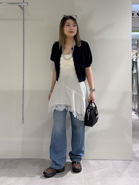 「FREE'S MART（フリーズマート）の◆イレヘムキャミワンピース（ワンピース、ホワイト系）」を使った、kurumi_.mfmさん（レディース・158cm）の夏コーディネート