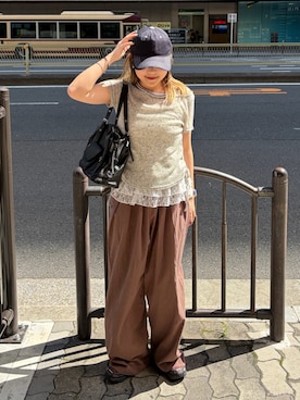 「FREE'S MART（フリーズマート）の◆メランジドロスト半袖レースティアードキャミセット（Tシャツ/カットソー、ホワイト系）」を使った、kurumi_.mfmさん（レディース・158cm）の夏コーディネート