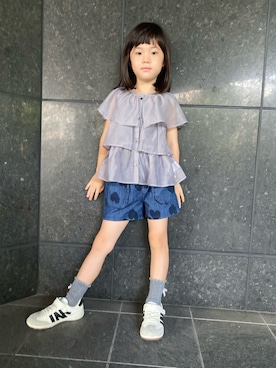 「MAKE YOUR DAY（メイクユアデイ）のシアーフリルカーディガン■80～140cm（カーディガン/ボレロ）」を使った、tamapicoさん（キッズ・110cm）の夏コーディネート