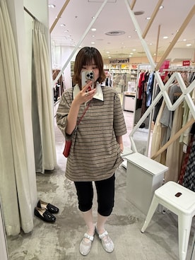 「KBF（ケイビーエフ）のパイルボーダーラガーTEE（Tシャツ/カットソー、グレー系）」を使った、わらちゃんさん（レディース・162cm）の夏コーディネート