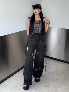 「EMODA（エモダ）のアイテム（キャップ）」を使った、misakiさん（レディース・160cm）の夏コーディネート