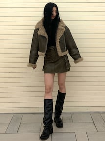 MURUA ヴィンテージライクフェイクレザーミドルジャケット / ミニスカート MURUA（ムルーア）の「【SET UP対応】ヴィンテージライクフェイク