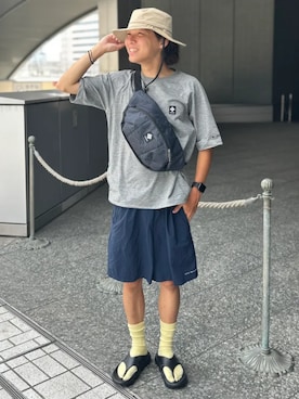 「アイテム（ハット、ベージュ系）」を使った、コロンビア公式さん（メンズ・168cm）の夏コーディネート