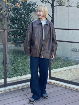 「レザーコーデ」｜濵中　心さん（レディース・162cm）の冬コーディネート
