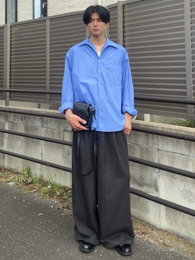 「SINSS（シンス）の3-Tuck wide straight slacks / 3タックワイドストレートスラックス（スラックス、ブラック系）」を使った、そらさん（メンズ・181cm）の夏コーディネート