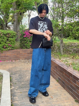 「SINSS（シンス）のWide balloon denim / ワイドバルーンデニム（デニムパンツ、ブルー系）」を使った、そらさん（メンズ・181cm）の春コーディネート