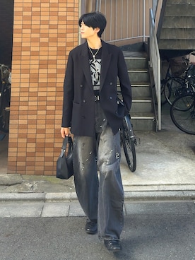 「SINSS（シンス）のBaggy silhouette curve denim / バギーシルエットカーブデニム（デニムパンツ）」を使った、そらさん（メンズ・181cm）の秋コーディネート