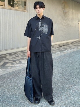 「SINSS（シンス）のWide balloon denim / ワイドバルーンデニム（Denim pants、ブラック系）」を使った、そらさん（メンズ・181cm）の夏コーディネート