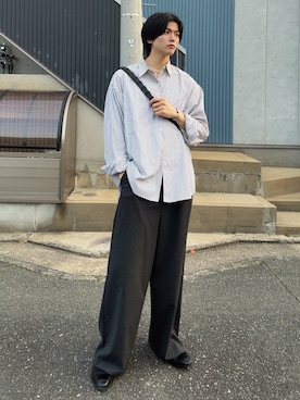「SINSS（シンス）のTwo tuck wide straight stripe slacks / ２タックワイドストレートストライプスラックス（スラックス、ブラック系）」を使った、そらさん（メンズ・181cm）の秋コーディネート