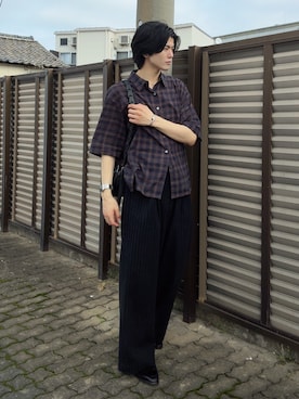 「SINSS（シンス）のOmbre check HS Shirt / オンブレチェックシャツ（半袖）（シャツ/ブラウス、ブルー系）」を使った、そらさん（メンズ・181cm）の春コーディネート