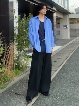 「SINSS（シンス）のTwo tuck wide straight stripe slacks / ２タックワイドストレートストライプスラックス（スラックス、ブラック系）」を使った、そらさん（メンズ・181cm）の春コーディネート