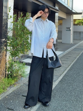 「SINSS（シンス）のTwo tuck wide straight stripe slacks / ２タックワイドストレートストライプスラックス（スラックス、ブラック系）」を使った、そらさん（メンズ・181cm）の秋コーディネート