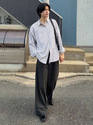 「SINSS(シンス)のTwo tuck wide straight stripe slacks / 2タックワイドストレートストライプスラックス(スラックス)」を使った、そらさん(メンズ・181cm)の夏コーディネート