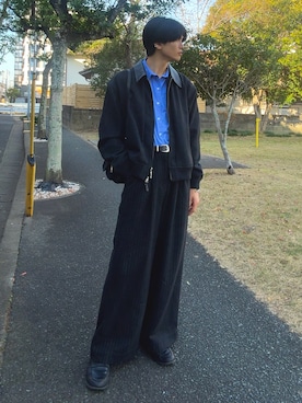 「SINSS（シンス）のFlannel two tuck wide striped slacks / フランネル２タックワイドストライプスラックス（スラックス、ブラック系）」を使った、そらさん（メンズ・181cm）の春コーディネート
