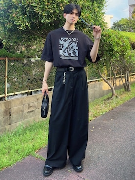 「SINSS（シンス）のTwo tuck wide straight stripe slacks / ２タックワイドストレートストライプスラックス（スラックス、ブラック系）」を使った、そらさん（メンズ・181cm）の夏コーディネート