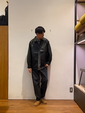 「アイテム（ライダースジャケット）」を使った、かわむらさん（メンズ・183cm）の秋コーディネート