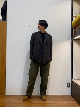 「URBAN RESEARCH DOORS（アーバンリサーチドアーズ）のLIFE STYLE TAILOR　ウーリーノグレンチェックダブルジャケット（テーラードジャケット、ブラウン系）」を使った、かわむらさん（メンズ・183cm）の春コーディネート