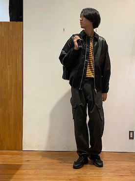 「アイテム（ライダースジャケット）」を使った、かわむらさん（メンズ・183cm）の秋コーディネート