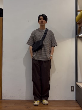 「URBAN RESEARCH DOORS（アーバンリサーチドアーズ）のOUTDOOREXCHANGE ボーダーTシャツ（Tシャツ/カットソー、ベージュ系）」を使った、かわむらさん（メンズ・183cm）の夏コーディネート