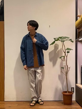 「アイテム（サンダル、グリーン系）」を使った、かわむらさん（メンズ・183cm）の夏コーディネート