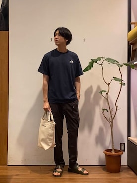 「アイテム（サンダル、グリーン系）」を使った、かわむらさん（メンズ・183cm）の夏コーディネート