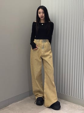 「EMODA（エモダ）の2WAYストリングリブトップス（Tシャツ/カットソー、ブラック系）」を使った、西村涼楓さん（レディース・151cm）の春コーディネート