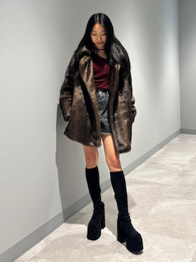 「EMODA（エモダ）のバルキープランプフィットブーツ（ブーツ）」を使った、西村涼楓さん（レディース・151cm）の秋コーディネート