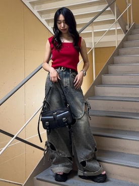 「タンクトップ」｜「アイテム（その他シューズ）」を使った、西村涼楓さん（レディース・151cm）の夏コーディネート