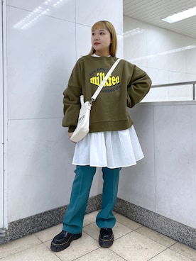 「MILKFED.」｜「アイテム（チュニック）」を使った、森日菜子さん（レディース・154cm）の冬コーディネート