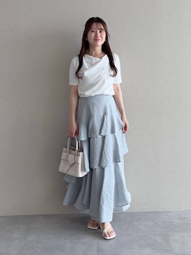 「mysty woman（ミスティウーマン）のドレープカットソー半袖　1049038（Tシャツ/カットソー、ホワイト系）」を使った、MiOさん（レディース・155cm）の夏コーディネート