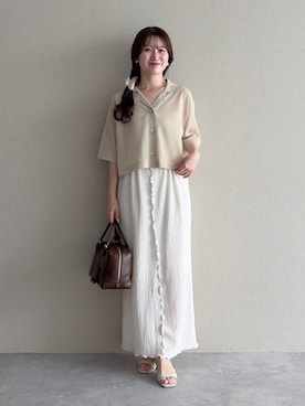「mysty woman（ミスティウーマン）のカットジャカードナロースカート　1046948（スカート、ホワイト系）」を使った、MiOさん（レディース・155cm）の夏コーディネート