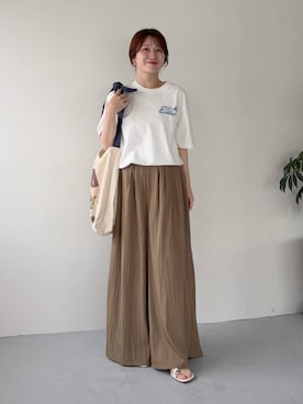 「mysty woman（ミスティウーマン）の【トイ・ストーリー】キャラクタープリントトートバッグ　1050890（トートバッグ、ホワイト系）」を使った、MiOさん（レディース・155cm）の夏コーディネート