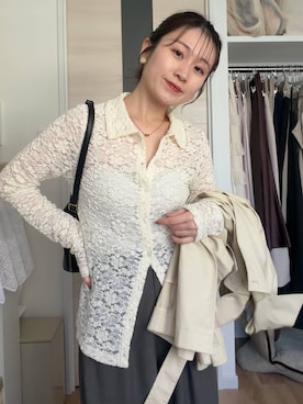 「mysty woman（ミスティウーマン）の【WEB限定】透かしフラワーポロカーディガン　667611（Tシャツ/カットソー、ホワイト系）」を使った、MiOさん（レディース・155cm）の春コーディネート