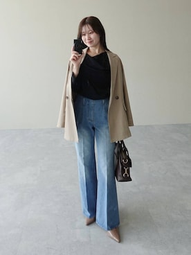 「mysty woman（ミスティウーマン）のドレープカットソー長袖　 1077243（Tシャツ/カットソー、ブラック系）」を使った、MiOさん（レディース・155cm）の秋コーディネート