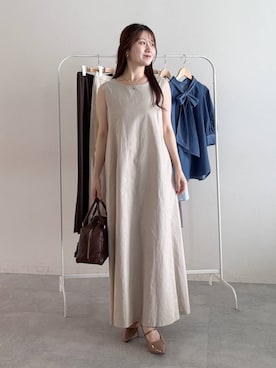 「mysty woman（ミスティウーマン）のバックレースアップAラインワンピース 1046898（ワンピース、ベージュ系）」を使った、MiOさん（レディース・155cm）の夏コーディネート