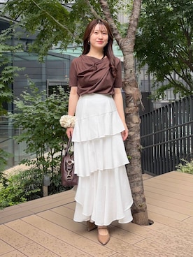 「mysty woman（ミスティウーマン）のドレープカットソー半袖　1049038（Tシャツ/カットソー、ブラウン系）」を使った、MiOさん（レディース・155cm）の夏コーディネート
