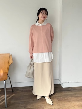 「mysty woman（ミスティウーマン）の【復刻！/WEB限定アイテム】ソルベシアーニット　190297（ニット/セーター、ピンク系）」を使った、MiOさん（レディース・155cm）の春コーディネート