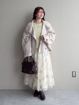 「mysty woman（ミスティウーマン）の【WEB限定】スタンドカラーショートコート2 1051648（トレンチコート、ホワイト系）」を使った、MiOさん（レディース・155cm）の秋コーディネート