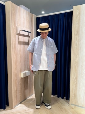 「GEVACO（ゲバコ）のアイテム（シャツ/ブラウス）」を使った、ふなさん（メンズ・178cm）の夏コーディネート