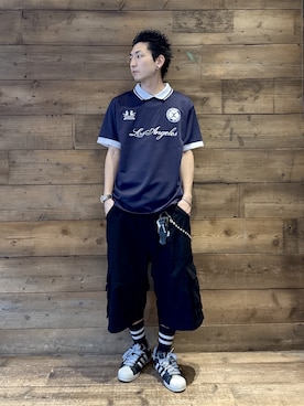 「XLARGE（エクストララージ）のCLASSIC SOCCER SHIRT（シャツ/ブラウス、ブルー系）」を使った、柚木 伊織さん（メンズ・175cm）の春コーディネート