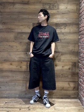 「XLARGE（エクストララージ）のHELL S/S TEE（Tシャツ/カットソー、ブラック系）」を使った、柚木 伊織さん（メンズ・175cm）の夏コーディネート