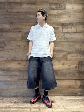 「XLARGE（エクストララージ）のSTRIPED KNIT POLO SHIRT（ポロシャツ、ホワイト系）」を使った、柚木 伊織さん（メンズ・175cm）の夏コーディネート