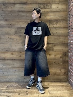 「XLARGE（エクストララージ）の【WEB限定】RHINESTONE OG S/S TEE（Tシャツ/カットソー、ブラック系）」を使った、柚木 伊織さん（メンズ・175cm）の夏コーディネート