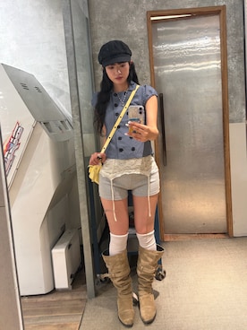 「WHO'S WHO gallery（フーズフーギャラリー）のドットキャスケット（帽子、ブラック系）」を使った、RIHOさん（レディース・166cm）の夏コーディネート