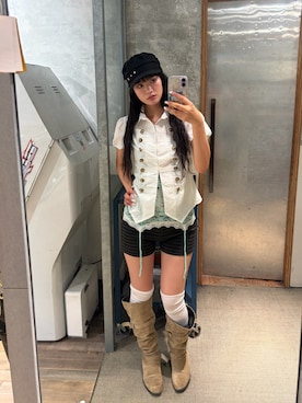 「WHO'S WHO gallery（フーズフーギャラリー）のスターベルトキャスケット（キャスケット、ブラック系）」を使った、RIHOさん（レディース・166cm）の夏コーディネート
