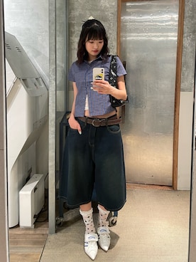 「WHO'S WHO gallery（フーズフーギャラリー）のスタッズベルト（ベルト）」を使った、RIHOさん（レディース・166cm）の夏コーディネート